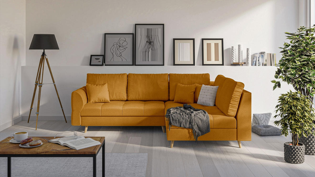 ECKSOFA MIT HOCKER Lorine Mikrofaser Gelb - Hellbraun/Gelb, Buchenholz/Textil (231/161cm) - S-Style Möbel