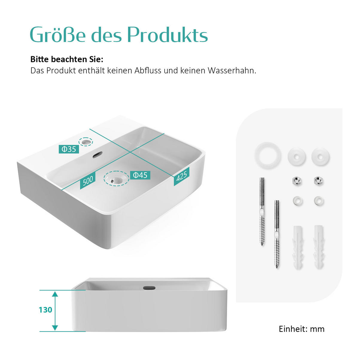 WASCHBECKEN mit 1 Hahnloch, Überlauf und Hahnlochbank, Weiß 50/42,5/13 cm - Weiß Hochglanz, Keramik (42.5/13/50cm) - EMKE
