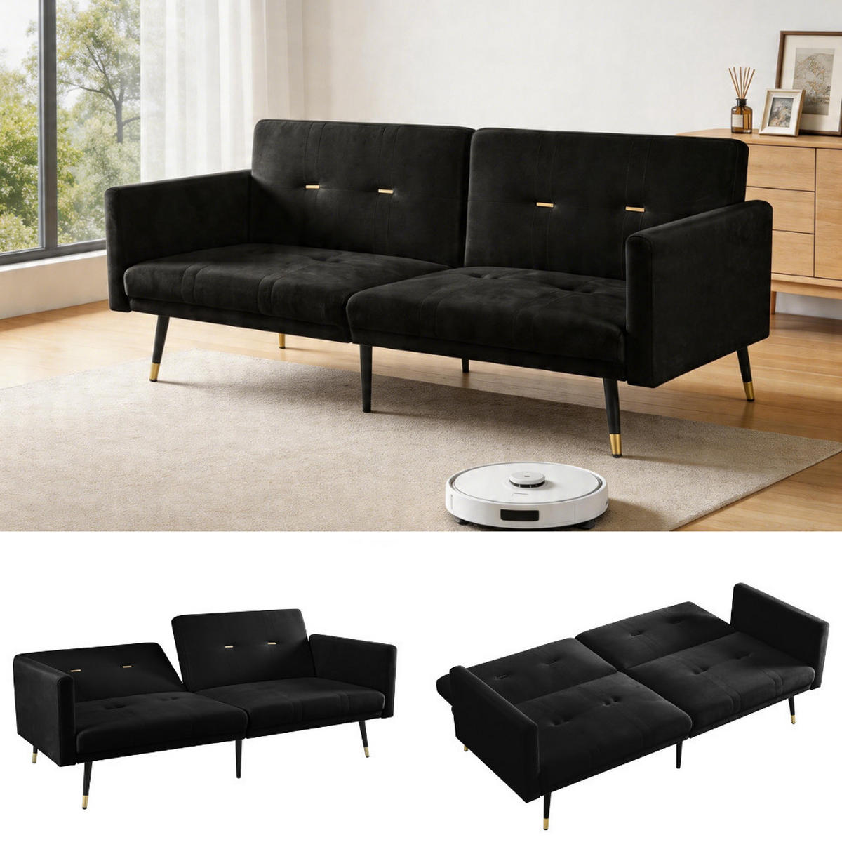 SCHLAFSOFA aus Samt mit 5-fach verstellbaren Rückenlehnen Schwarz - Schwarz, Textil (89/70/164cm) - Modenvie
