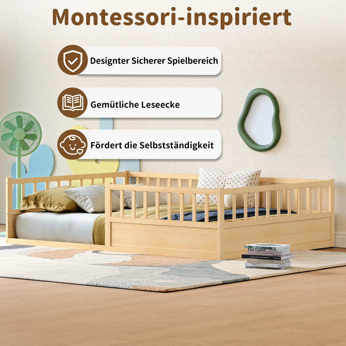 KINDERBETT 140/200 cm in Natur Massivholz mit Rausfallschutz und Lattenrost - Naturfarben, Holzwerkstoff/Metall (140/200cm) - WISHDOR