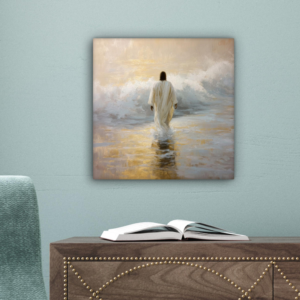 LEINWANDBILD Gemälde - Welle - Jesus - Abstrakt Deko Wohnzimmer 20x20 cm - Goldfarben, Textil (20/20cm) - MuchoWow