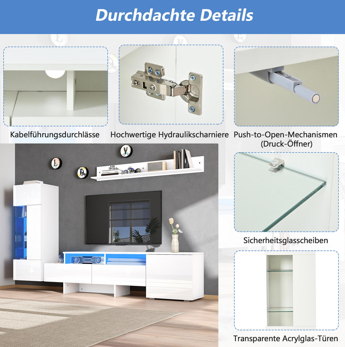 WOHNWAND aus Spanplatte 3-teilig 170x35x45/40x31,5x100/120x12x18 cm Weiß mit LED, Hochglanz und Soft-Close - Weiß, Holzwerkstoff (170/45/35cm) - Modfu