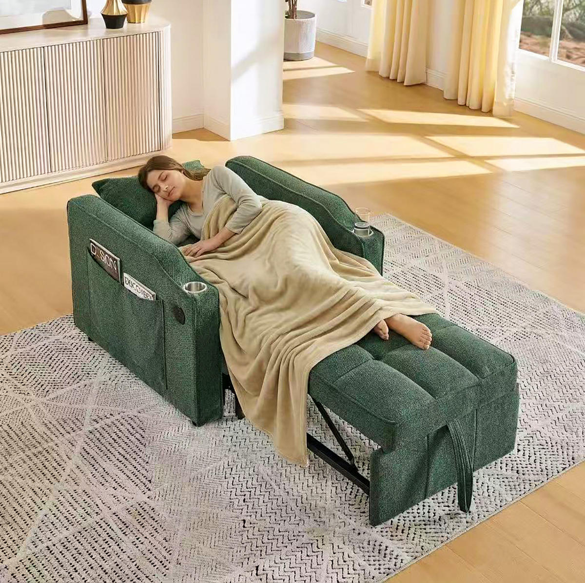 SCHLAFSESSEL 3-in-1 mit Liegefunktion 190 cm Stoff - Grün, Holz (85/86/190cm) - Meubliv