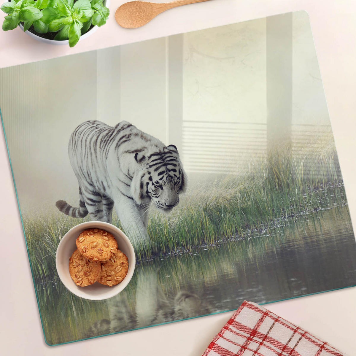 GLASPLATTE 60x52 cm Weißer Tiger - Dunkelbraun/Braun, Glas (60/0.4/52cm) - TULUP