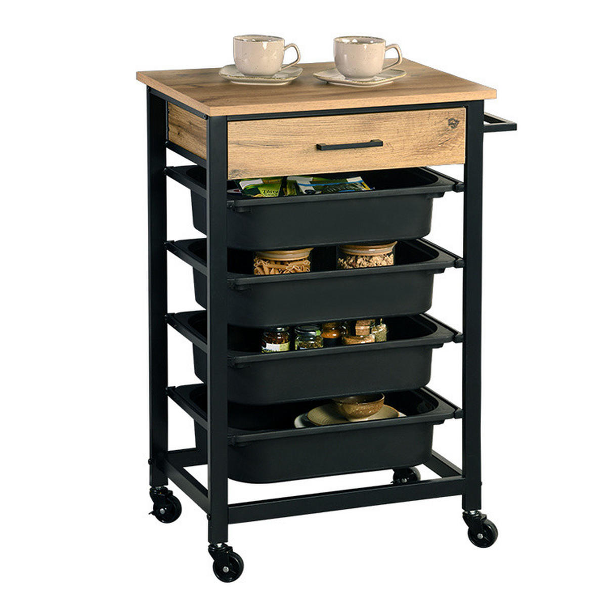 KÜCHENWAGEN mit Eichenholzschublade und Organizern Schwarz 47/37/85 cm - Schwarz, Holzwerkstoff (37/85/47cm) - Kesper