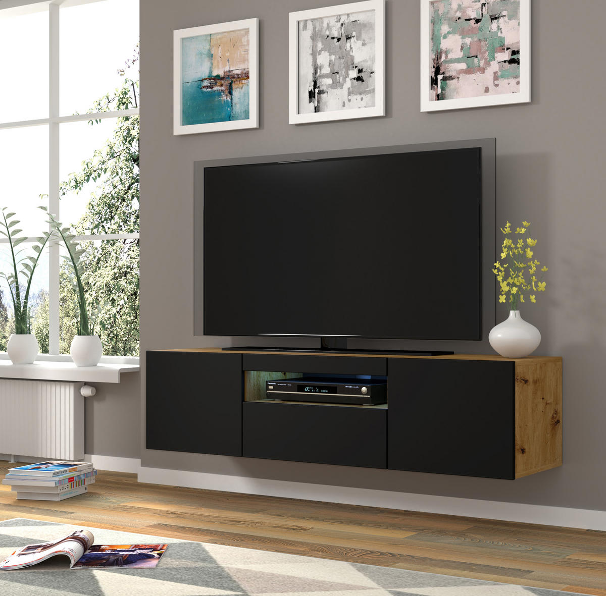 TV LOWBOARD Artisan Eiche, Schwarz 150/42/37 - Schwarz/Eiche Artisan, Holzwerkstoff (150/42/37cm) - RAUMHIRSCH FURNITURE