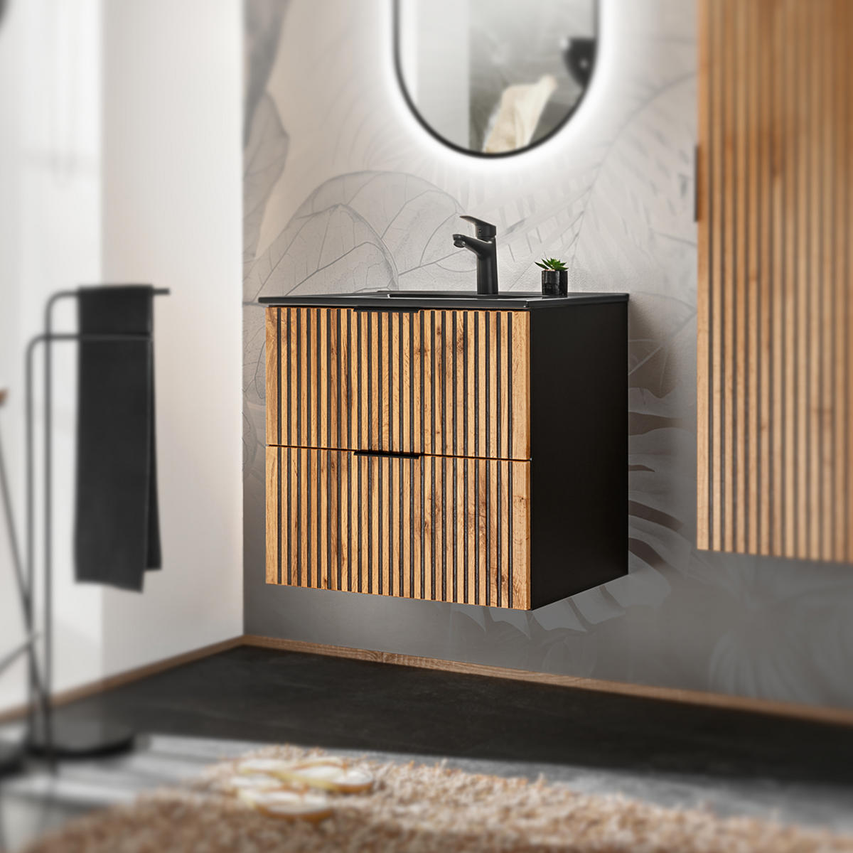 WASHTISCHKOMBI TILO SET5 Profilierte Fronten Schwarz Eiche - Eichefarben/Schwarz, Glas/Holzwerkstoff (60/60/46cm) - Komodee