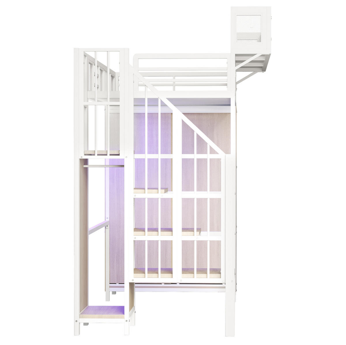HOCHBETT 90/200 cm in Weiß mit Kleiderschrank, LED und Stauraumleiter - Weiß, Metall (90/200cm) - BEAOK