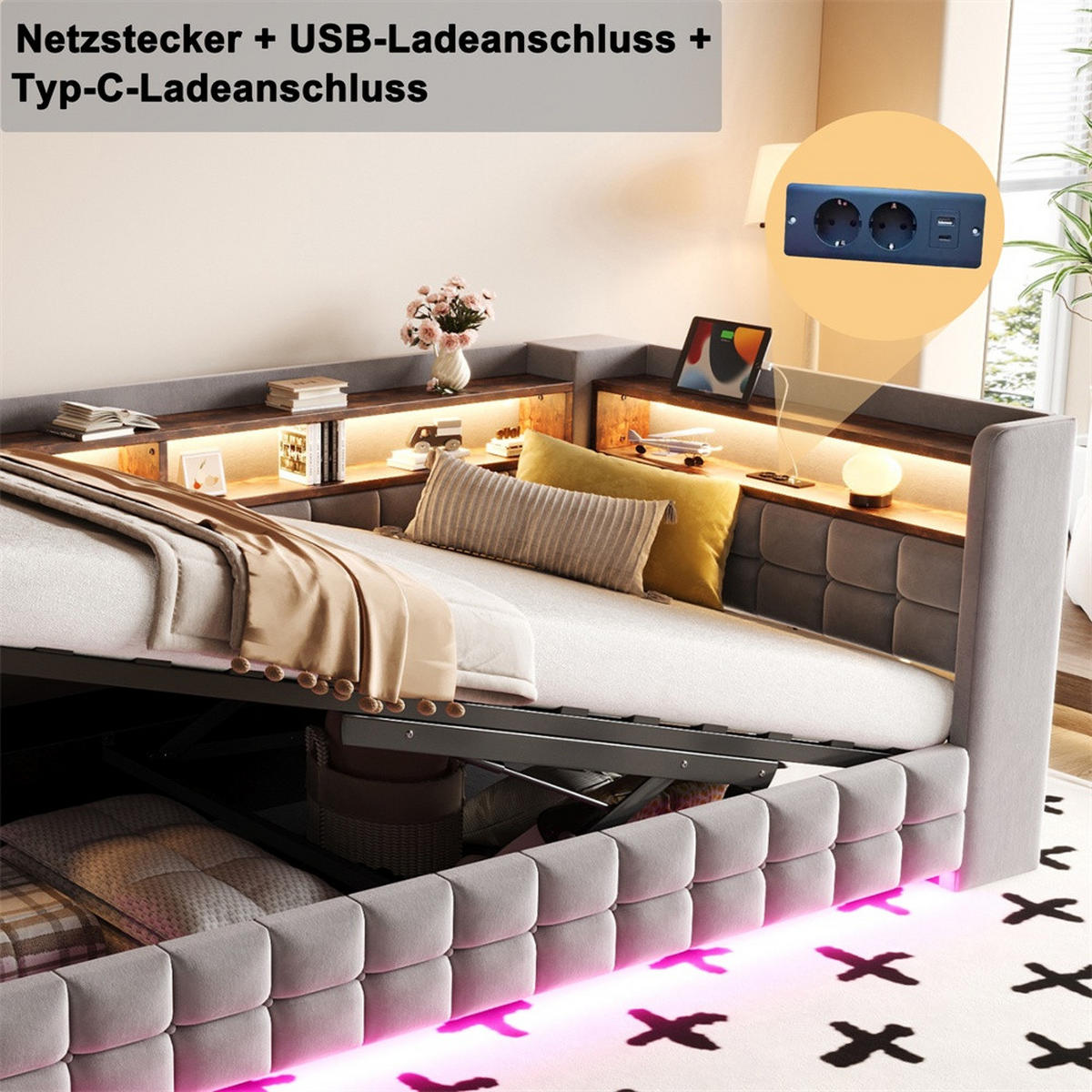 POLSTERBETT 90x200 cm mit hydraulischem Stauraum und Regal - LED Beleuchtung - USB & Typ-C - Hellgrau - ohne Matratze - Hellgrau, Textil (90/200cm) - DELFA
