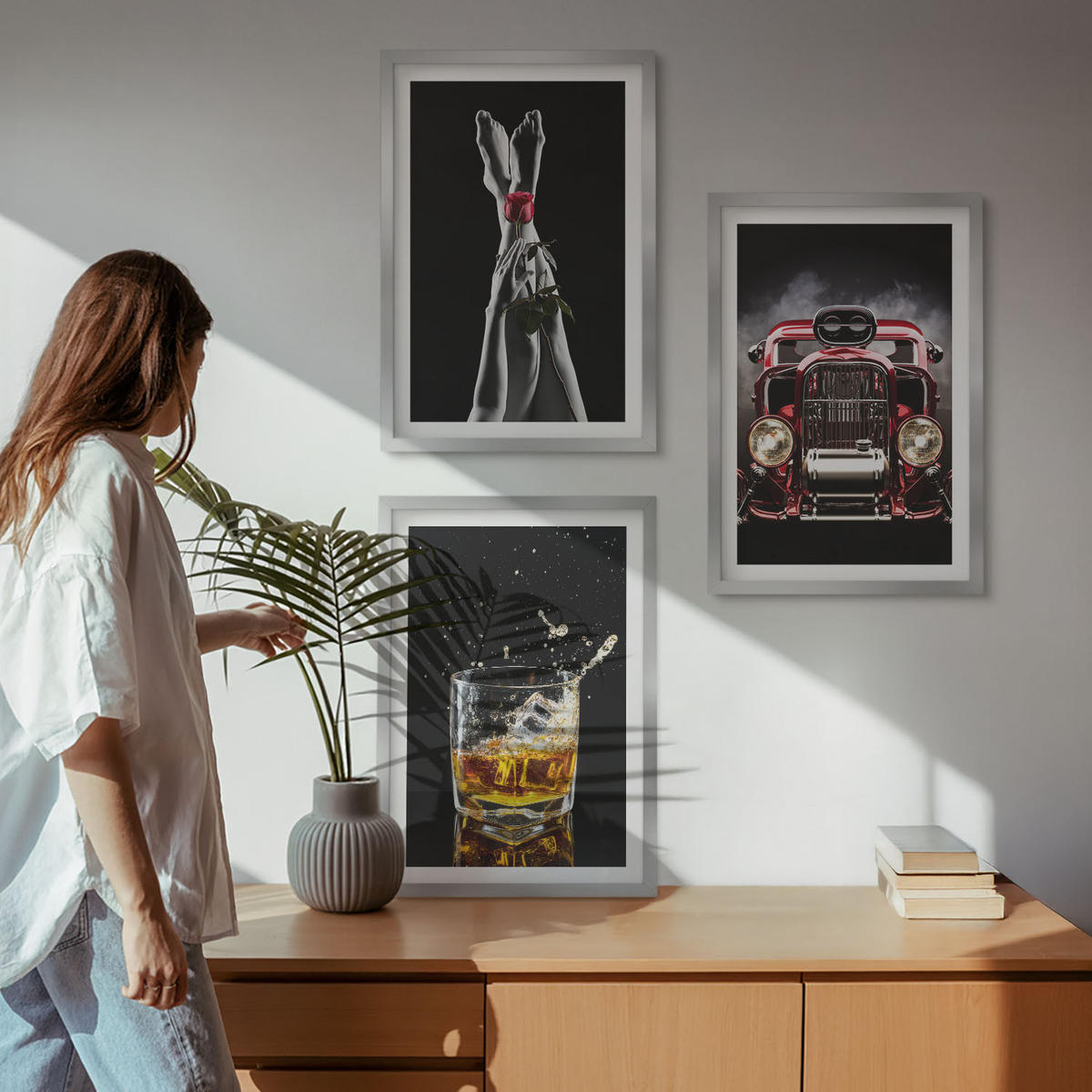 BILDER SET 3er Set - 40x60 cm Silberner Rahmen - Frauenbeine Rosenauto Whisky - Silberfarben, Kunststoff (40/60cm) - TULUP