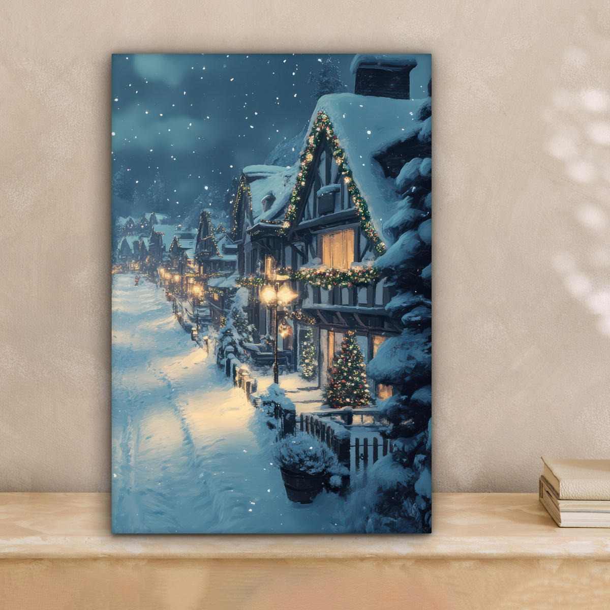 LEINWANDBILD Weihnachtsdorf - Weihnachten - Schnee - Winter Deko Wohnzimmer 20x30 cm - Dunkelblau, Textil (20/30cm) - MuchoWow