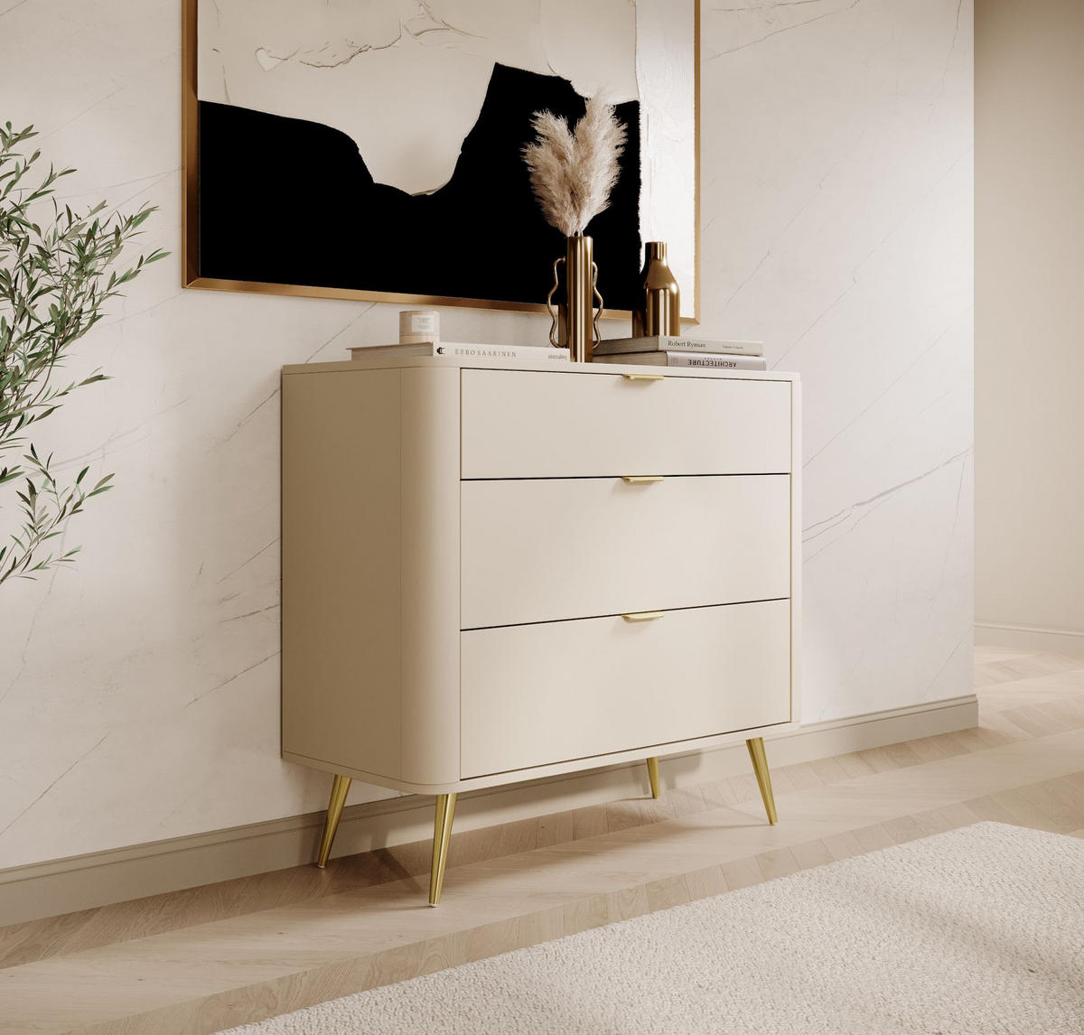 KOMMODE Oval Beige 92 cm - Beige/Goldfarben, Holzwerkstoff/Metall (92.4/83.6/38cm) - Selsey