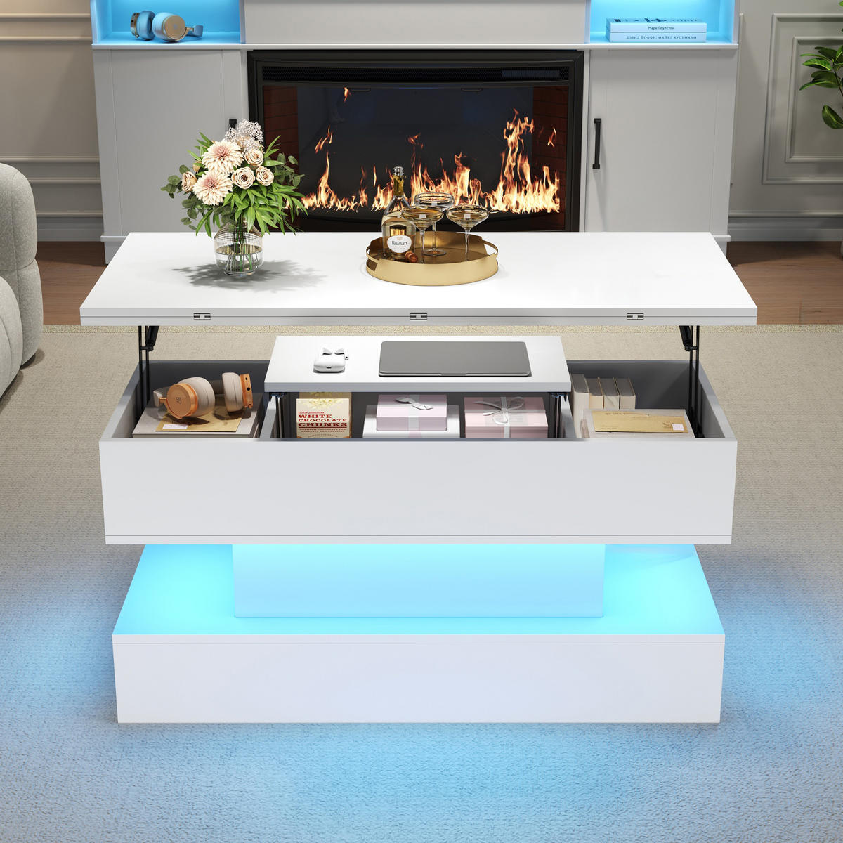 COUCHTISCH 100/50/51.5 cm ausziehbar LED App Steckdose USB C Stauraum Weiß Spanplatte 30 kg modern - Weiß, Holzwerkstoff/Metall (100/50/51cm) - EVRYAE