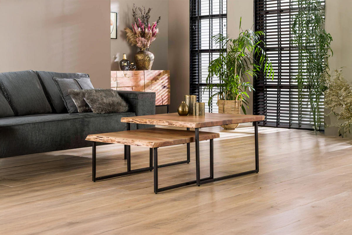 COUCHTISCH-SET AMARLA Braun Akazie - Schwarz/Braun, Holz/Metall (80/80/45cm) - KAWOLA