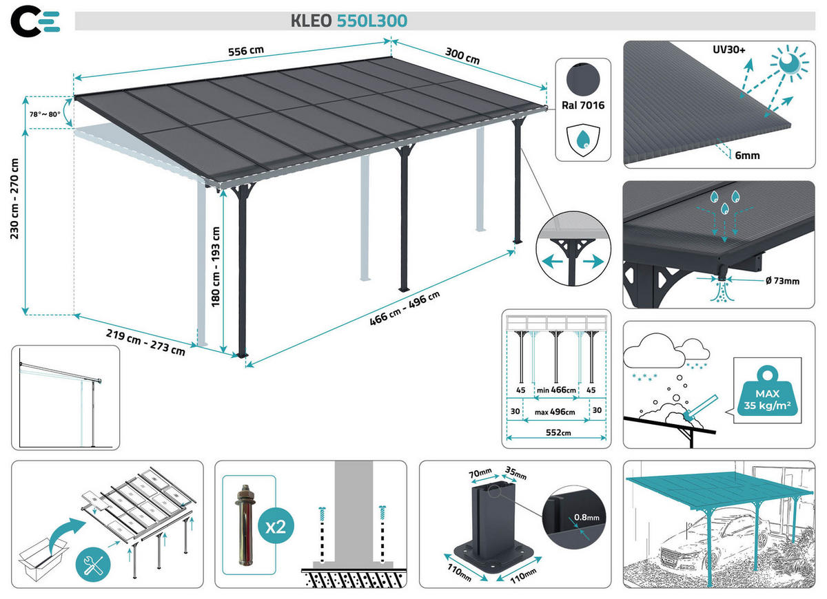 PERGOLA / CARPORT Kleo Grau 5,5m x 3m - Grau, Metall (556/270/300cm) - Cazeboo