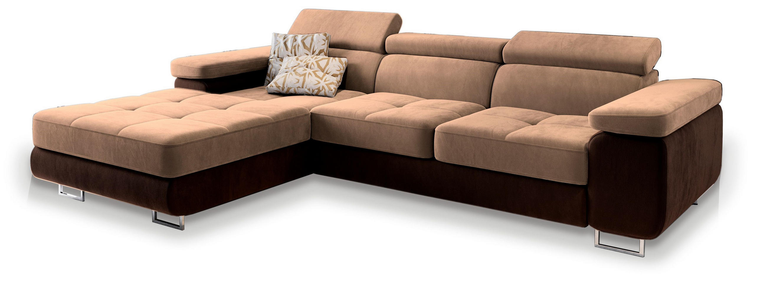 ECKSOFA ELMA L-S Beige Velours-Stoff mit Schlaffunktion - Beige, Holz (280/205cm) - MASSENO