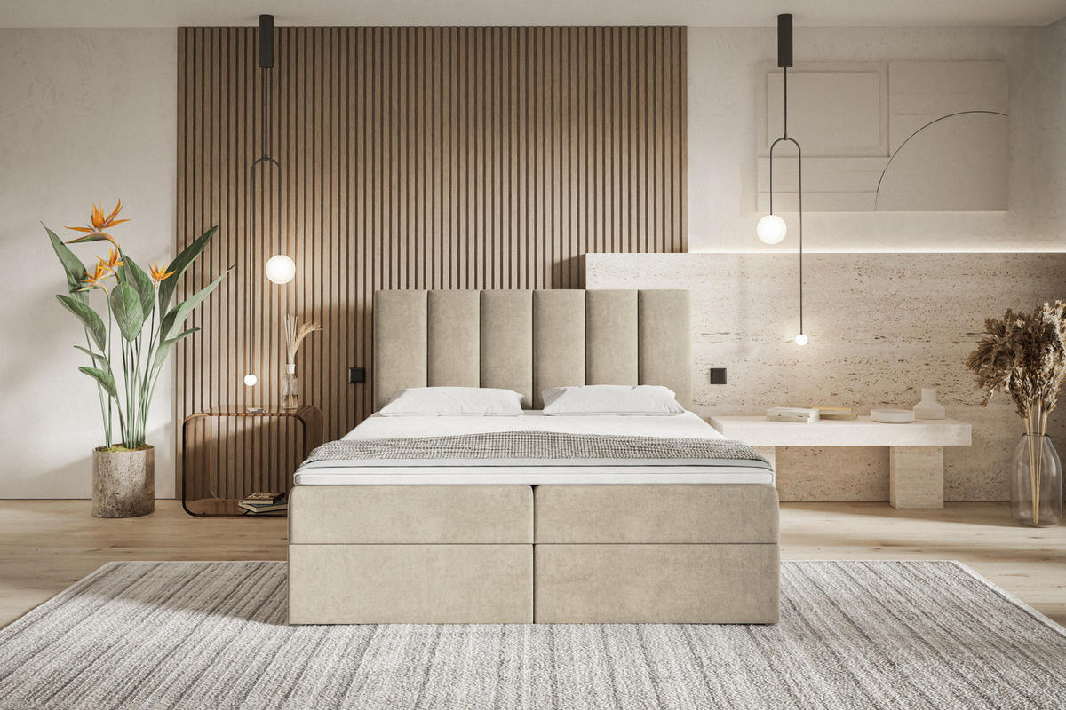 BOXSPRINGBETT 140x200 Foro, Samt, Matratze und Bettkasten, Beige - Beige, Holz/Textil (140/200cm) - Emporius