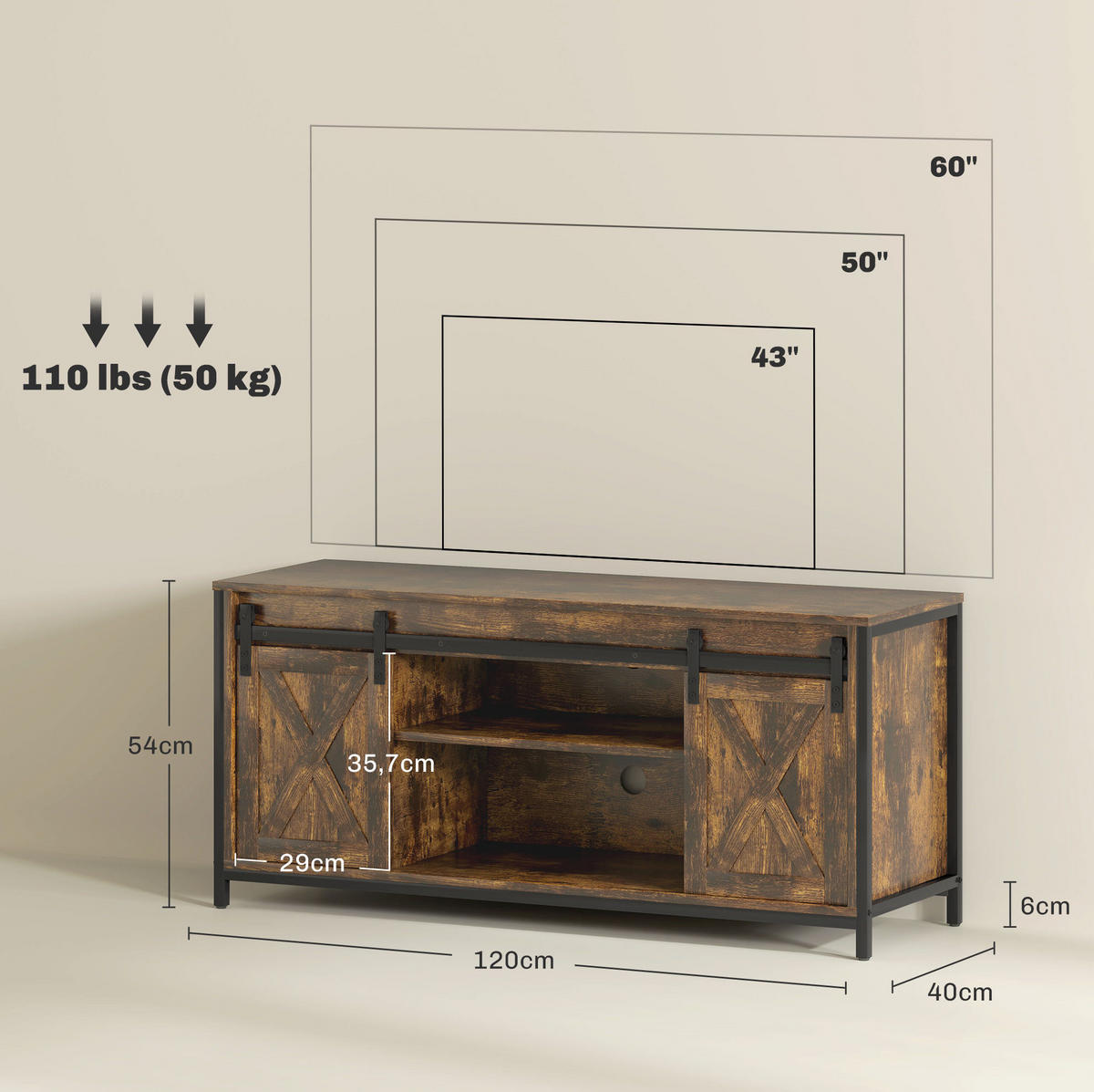 TV-LOWBOARD aus Sperrholz 120x40x54 cm Braun mit Schiebetüren, Kabelmanagement und 6 Fächern - Braun, Holzwerkstoff (120/54/40cm) - Modfu
