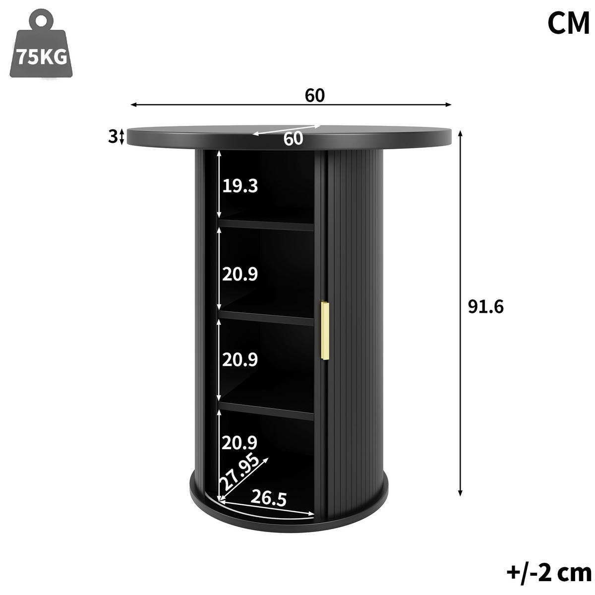 BARTISCH 60/60/91,6 cm in Schwarz mit Stauraum und Schiebetür - Schwarz, Metall (60/60/91.6cm) - BEAOK