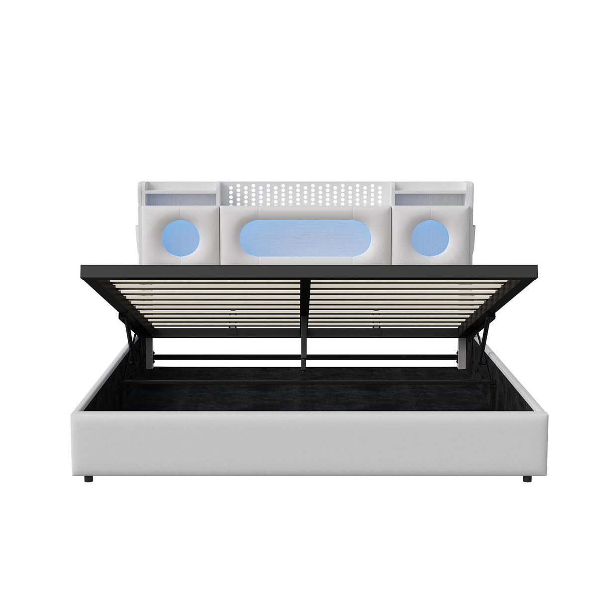 POLSTERBETT 140/200 cm Weiß mit hydraulischem Stauraum, LED-Kopfteil mit Ablage und USB-Anschluss - Weiß, Metall (140/200cm) - EuroLiving