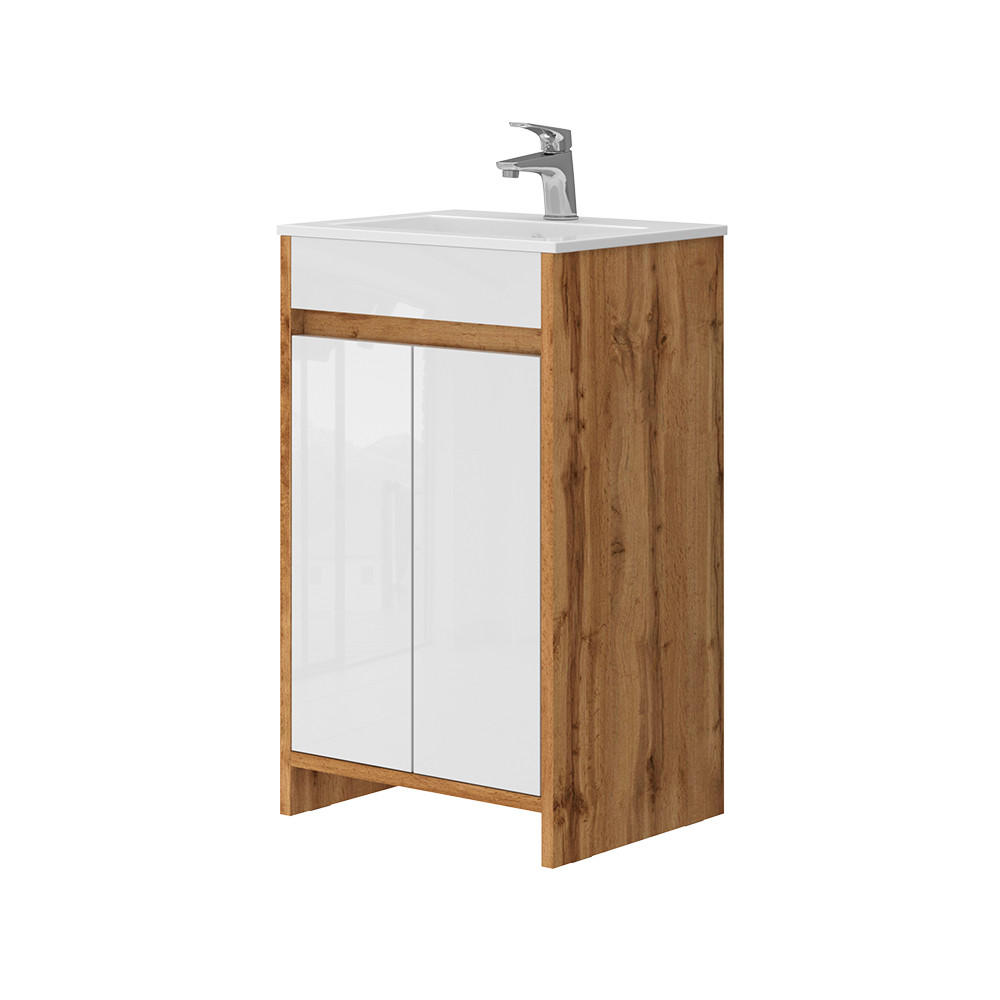 BADRUMSM&Ouml;BELSET Lemgo Goldkraft ek 2 delar, med handfat och 2 g&aring;ngj&auml;rnsd&ouml;rrar Honungsek 81/49/40 cm