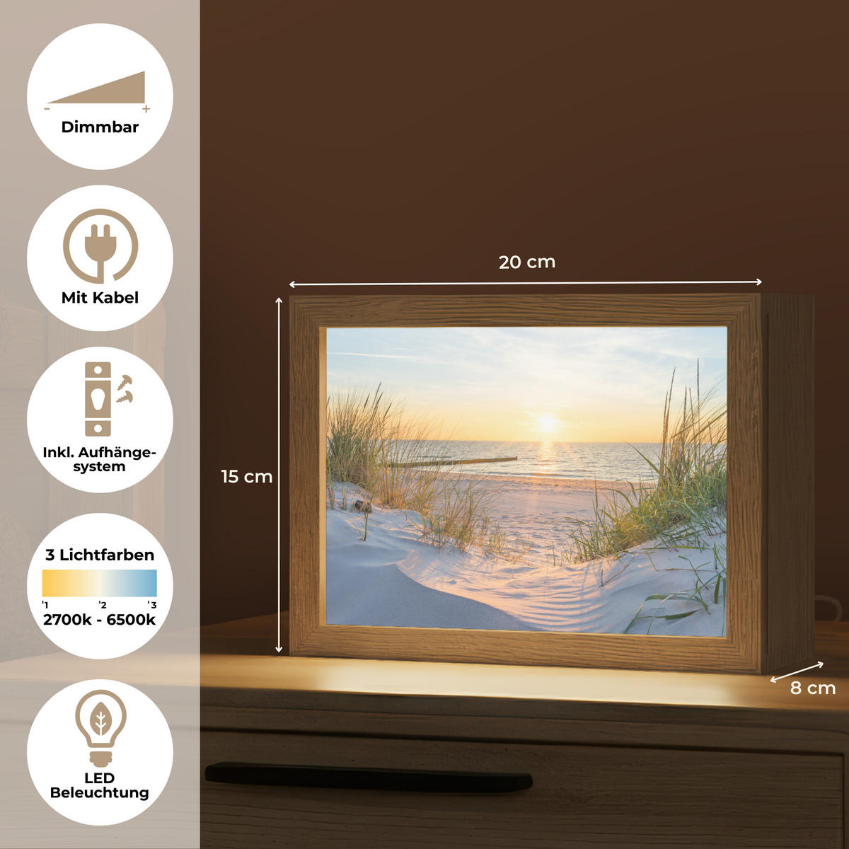 TISCHLEUCHTE Strand - Sonne - Düne - Gras - Sand - Horizont 20x15 cm - Cognac, Holzwerkstoff (8/20/15cm) - OnlyWow