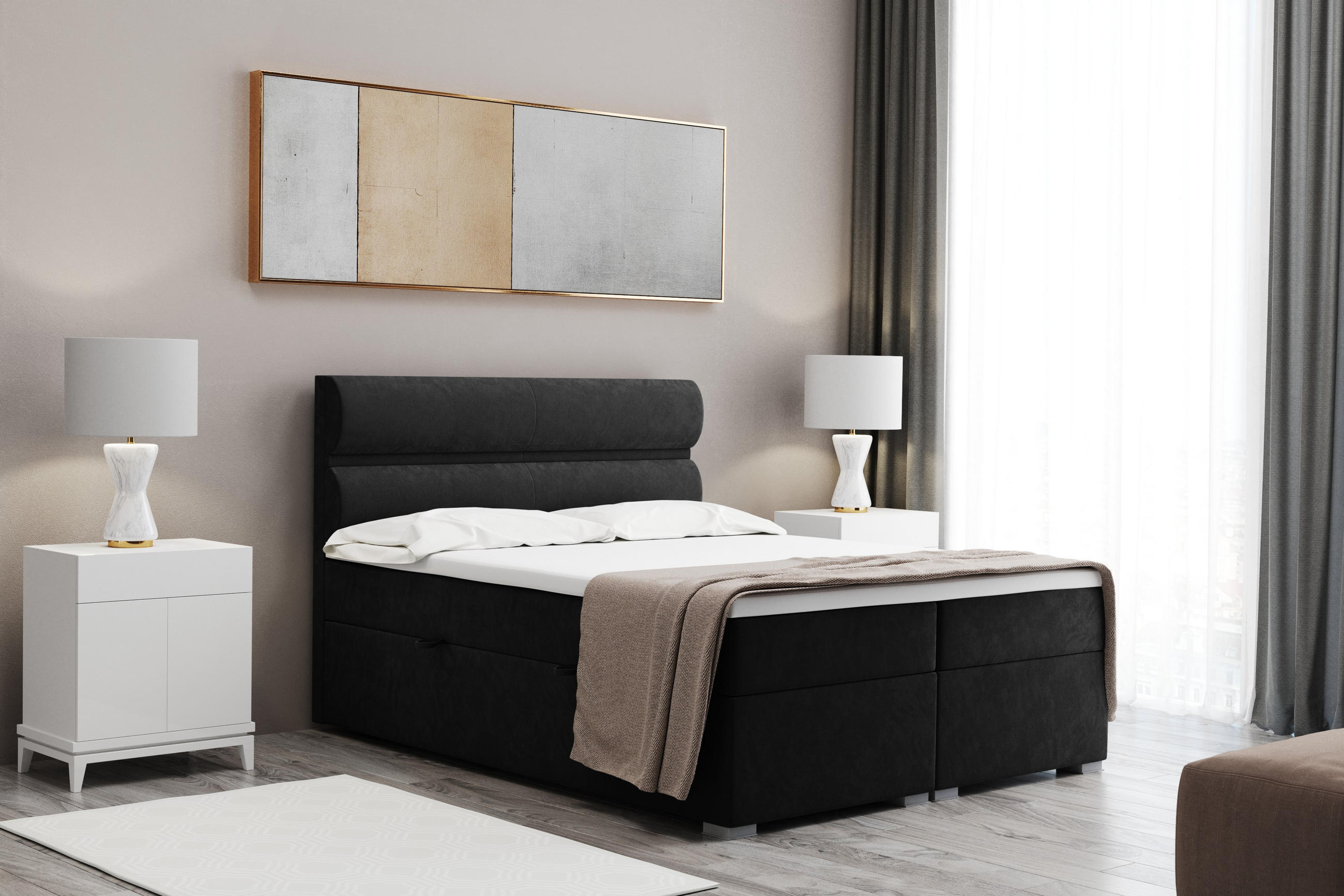 BOXBETT Mit Bettkasten, Matratze Und Topper VERA Stoff Riviera 180x200 cm Schwarz H2-Pocket - Schwarz, Holz/Holzwerkstoff (180/200cm) - Kaiser Möbel