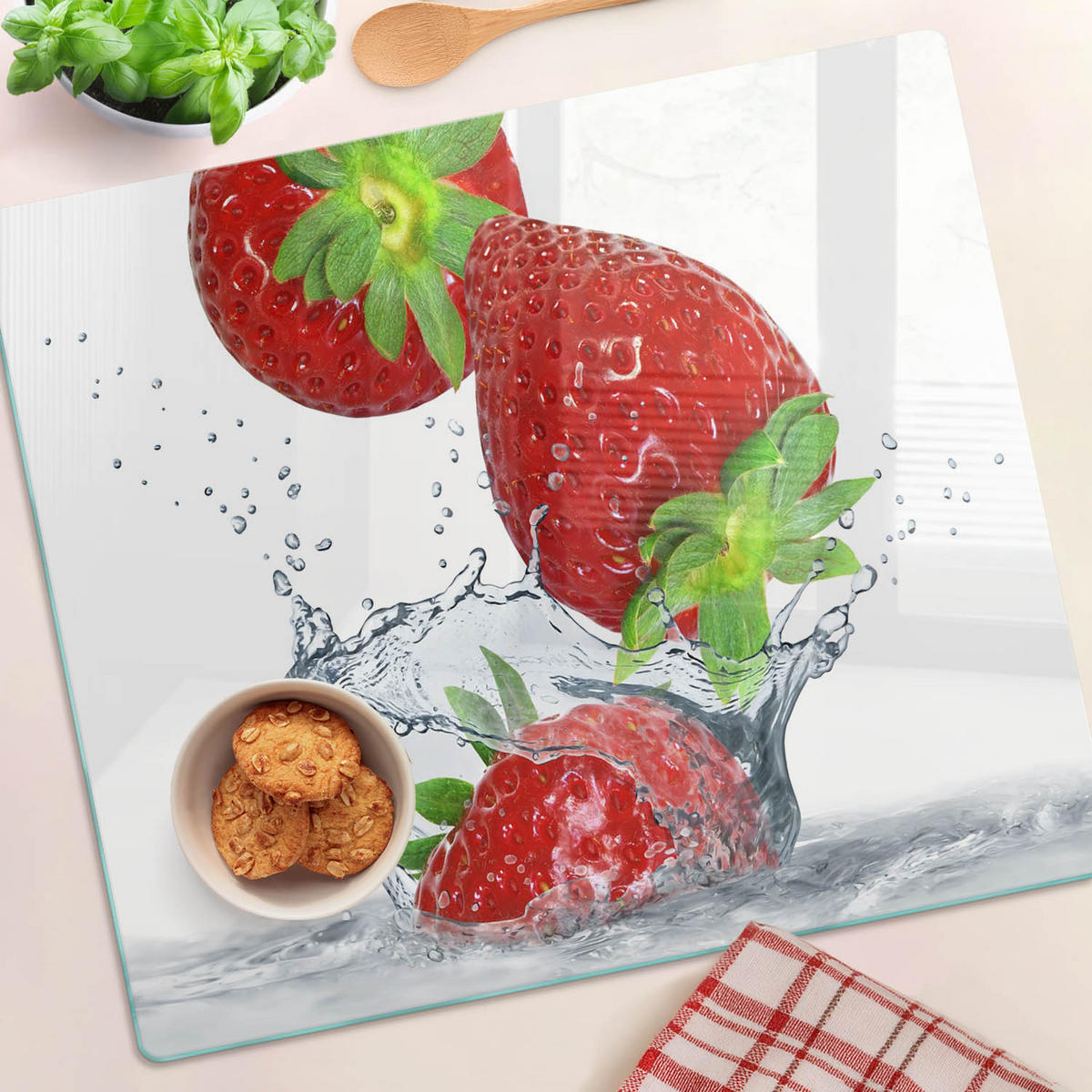GLASPLATTE 60x52 cm Erdbeeren und Wasser - Rot, Glas (60/0.4/52cm) - TULUP