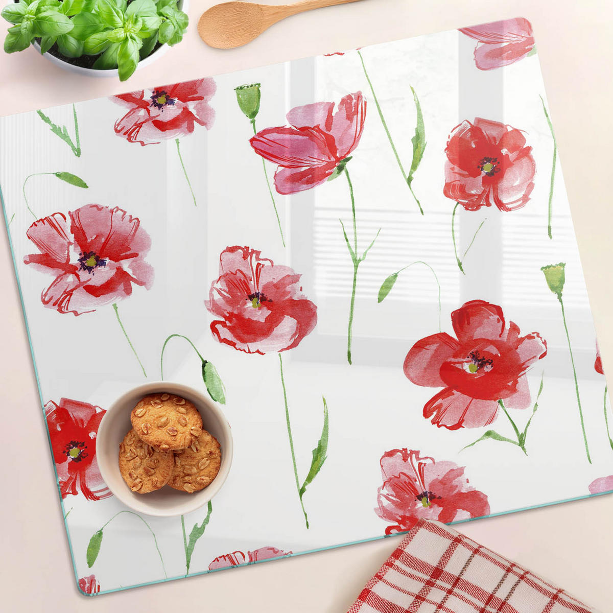 GLASPLATTE 60x52 cm Mohnblumen - Rot, Glas (60/0.4/52cm) - TULUP
