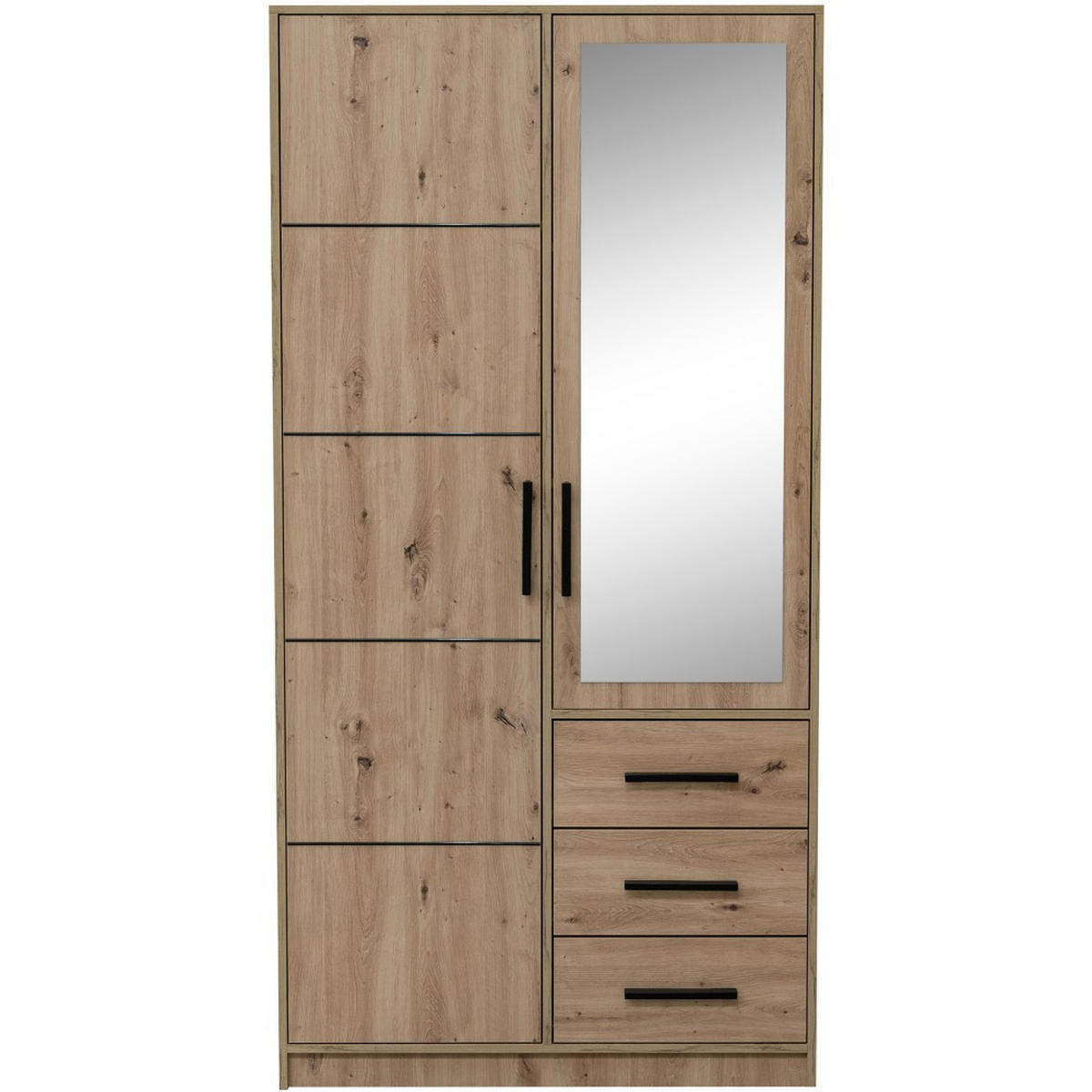DREHTÜRENSCHRANK Kavo mit Spiegel und 2 Türen, eiche Sonoma - Schwarz/Sonoma Eiche, Holzwerkstoff (100/200/58cm) - Beautysofa