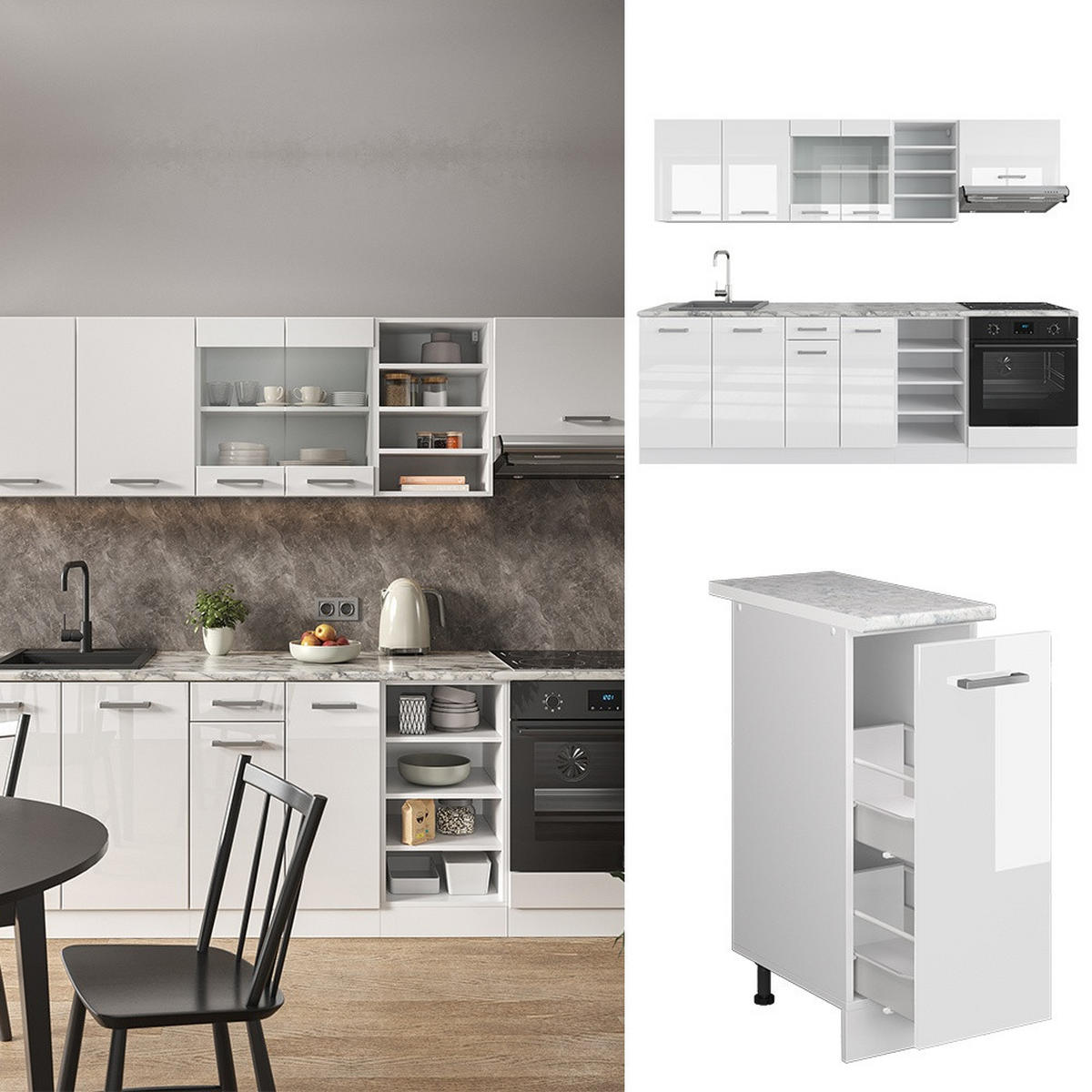 KUHINJSKI BLOK R-Line Bijela Sjajna / Bijela 240 cm , RP Hrast - bijela/bijela visoki sjaj, drvni materijal (240/206.8/60cm) - Vicco