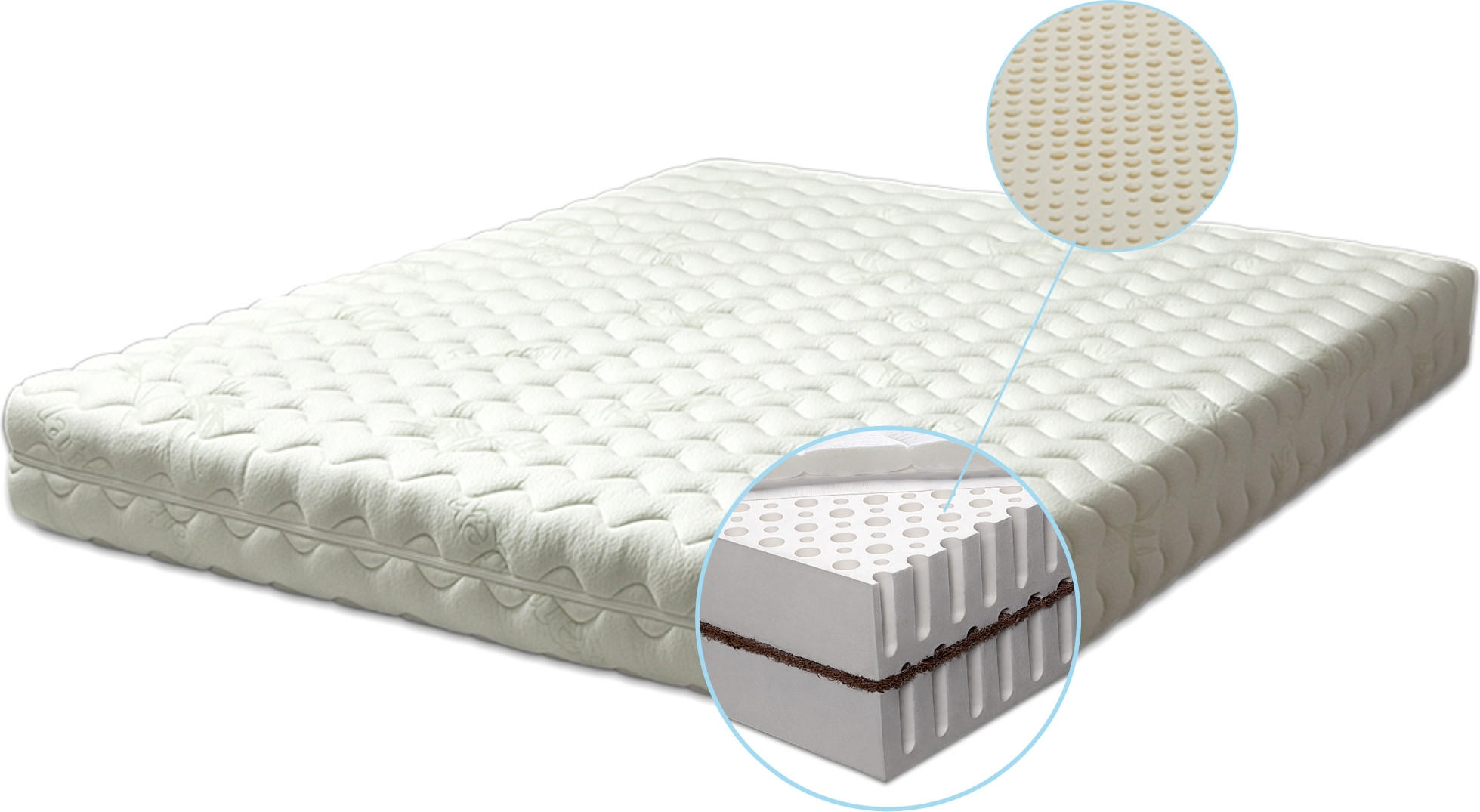 LATEXMATRATZE Coco Aloe Vera 140x190 Höhe 20 cm H2 – 7-Zonen, anpassbar, OEKO-TEX, Bezug mit Aloe Vera - Weiß, Textil