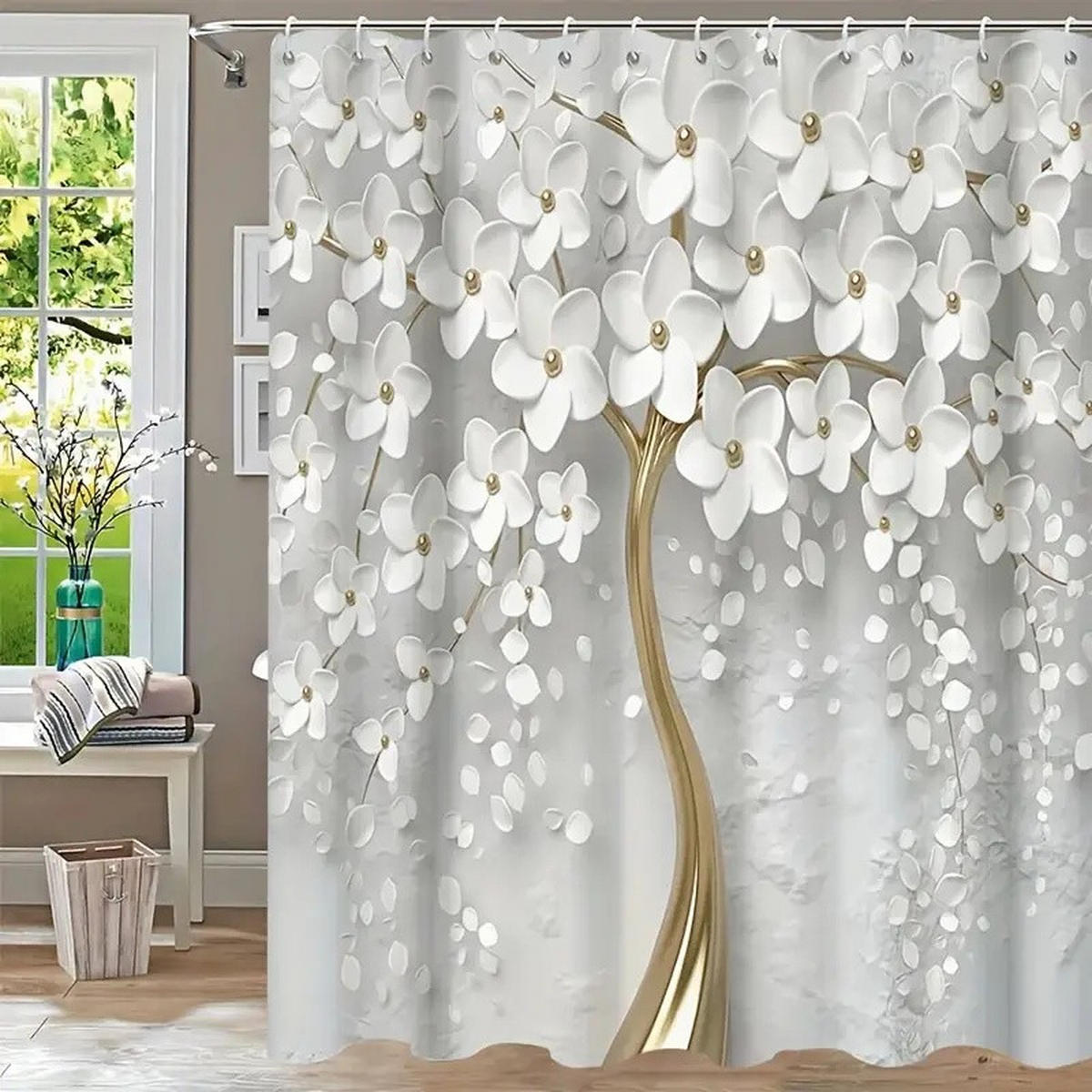 DUSCHVORHANG Weiß floral Blumen Muster mit Haken ideal für Dekoration Badezimmer - Weiß, Textil (180/180cm) - MCBOSON