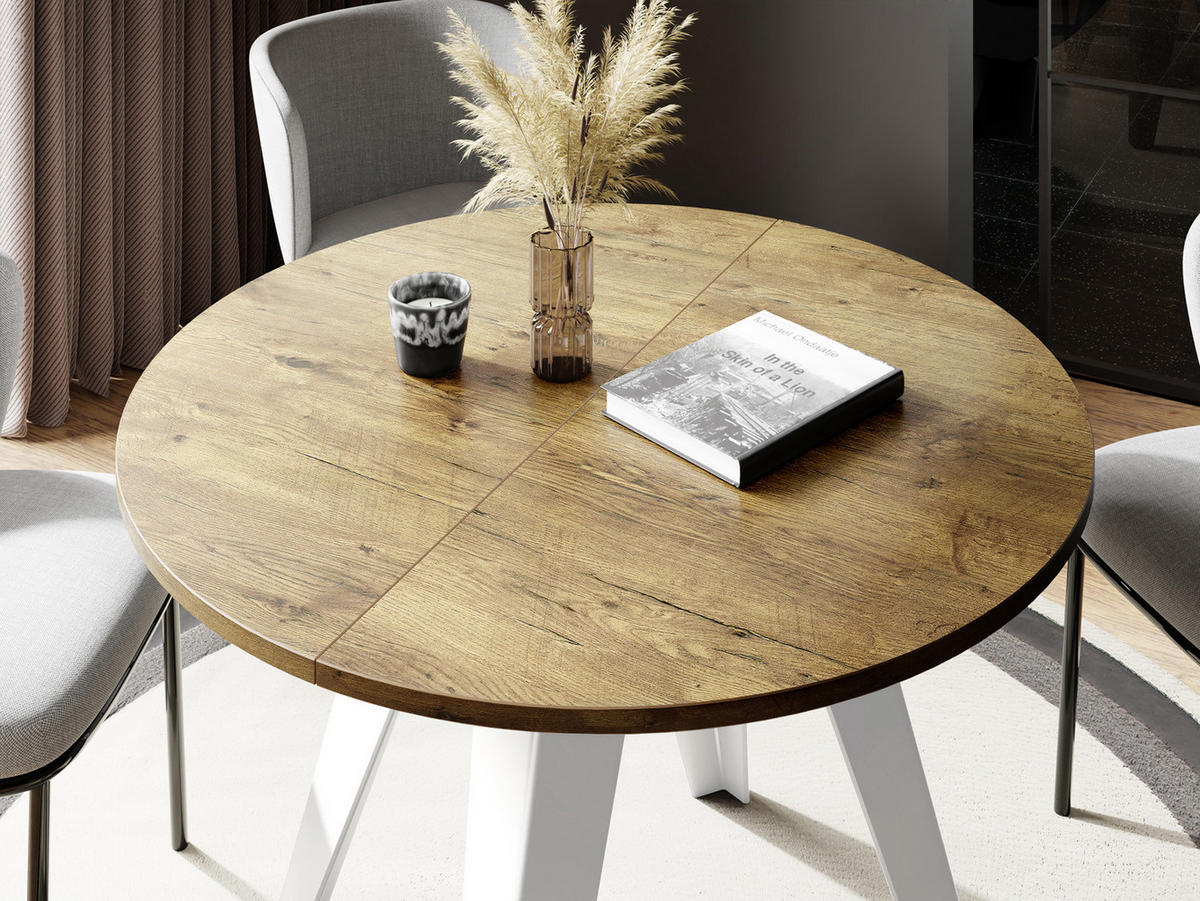 ESSTISCH Griffin runder ausziehbarer, Lancelot Eiche 90-130/100/76 cm - Eichefarben/Weiß, Holzwerkstoff/Metall (90/90/76cm) - WFL GROUP