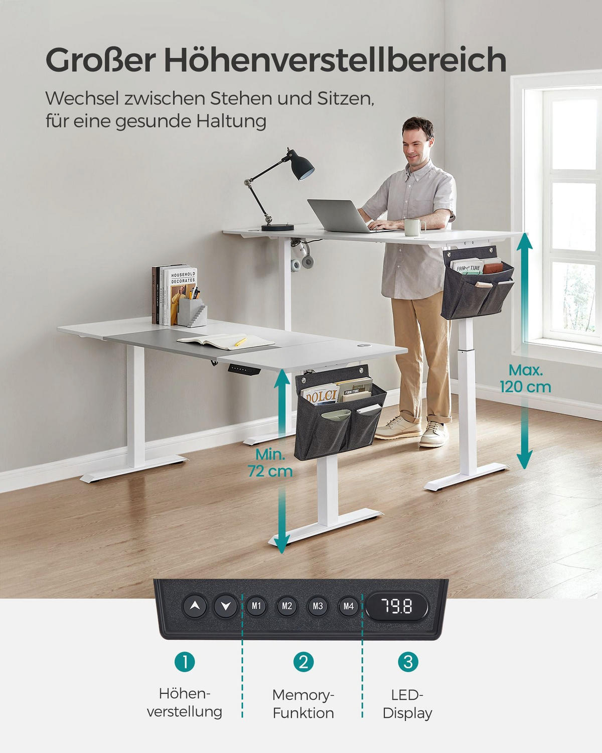 HÖHENVERSTELLBARER SCHREIBTISCH ZAGREB - Weiß, Holzwerkstoff (70/160/120cm) - Hansiro