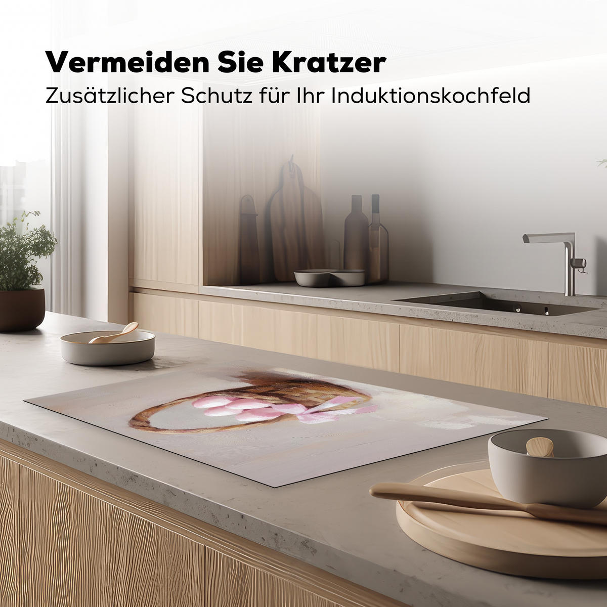 HERDABDECKPLATTE Korb - Eier - Rosa Ceranfeldabdeckung 80x52 cm - Beige, Kunststoff (80/52/0.2cm) - MuchoWow