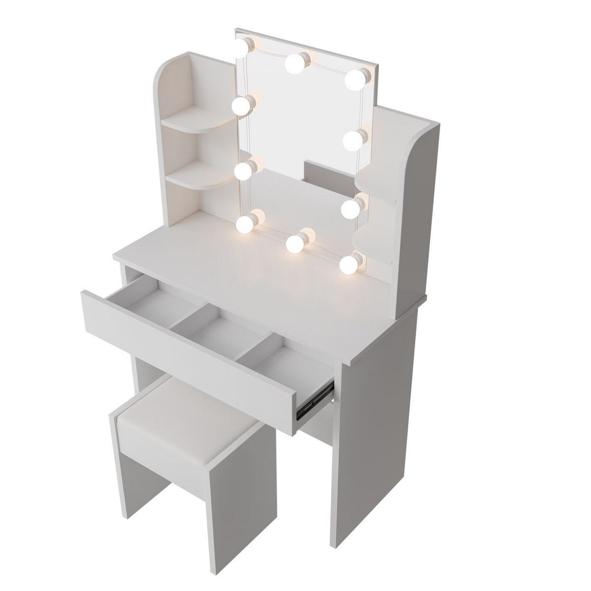 SCHMINKTISCH Zoey LED-Beleuchtung & Hocker Melly - Weiß, Holz (40/140/90cm) - Juskys