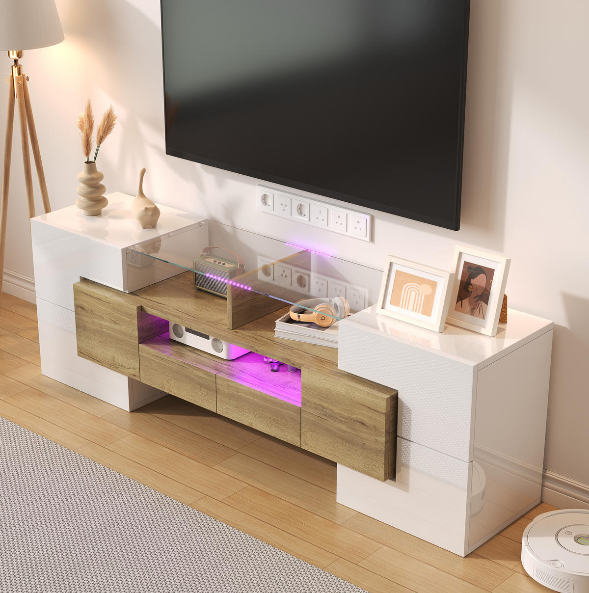 TV-ELEMENT mit LED-Beleuchtung 145 cm Weiß Holzoptik - Weiß, Holzwerkstoff (30/51/145cm) - Beauniv