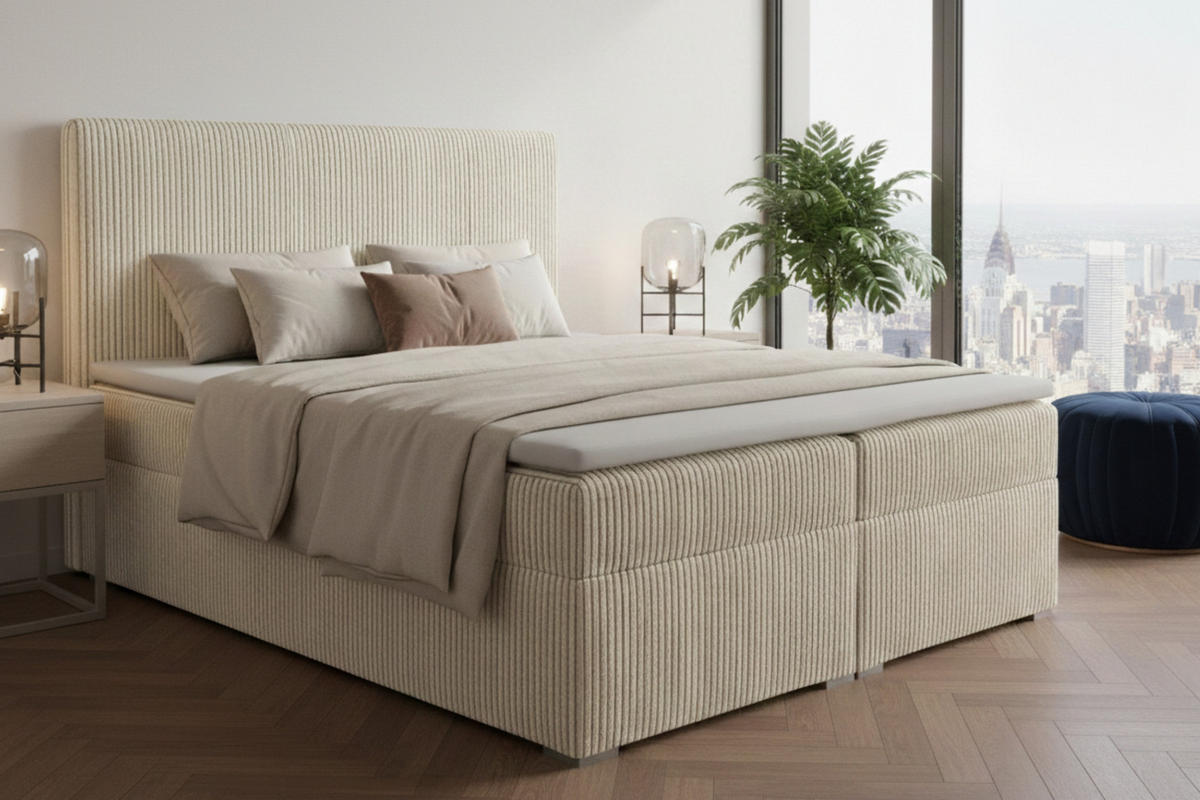 BOXBETT LOFT IV 200/200 Cord Creme mit Taschen-Federkernmatratzen 7 Zonen H4 - Creme, Holz/Holzwerkstoff (200/200cm) - Deine Möbel 24