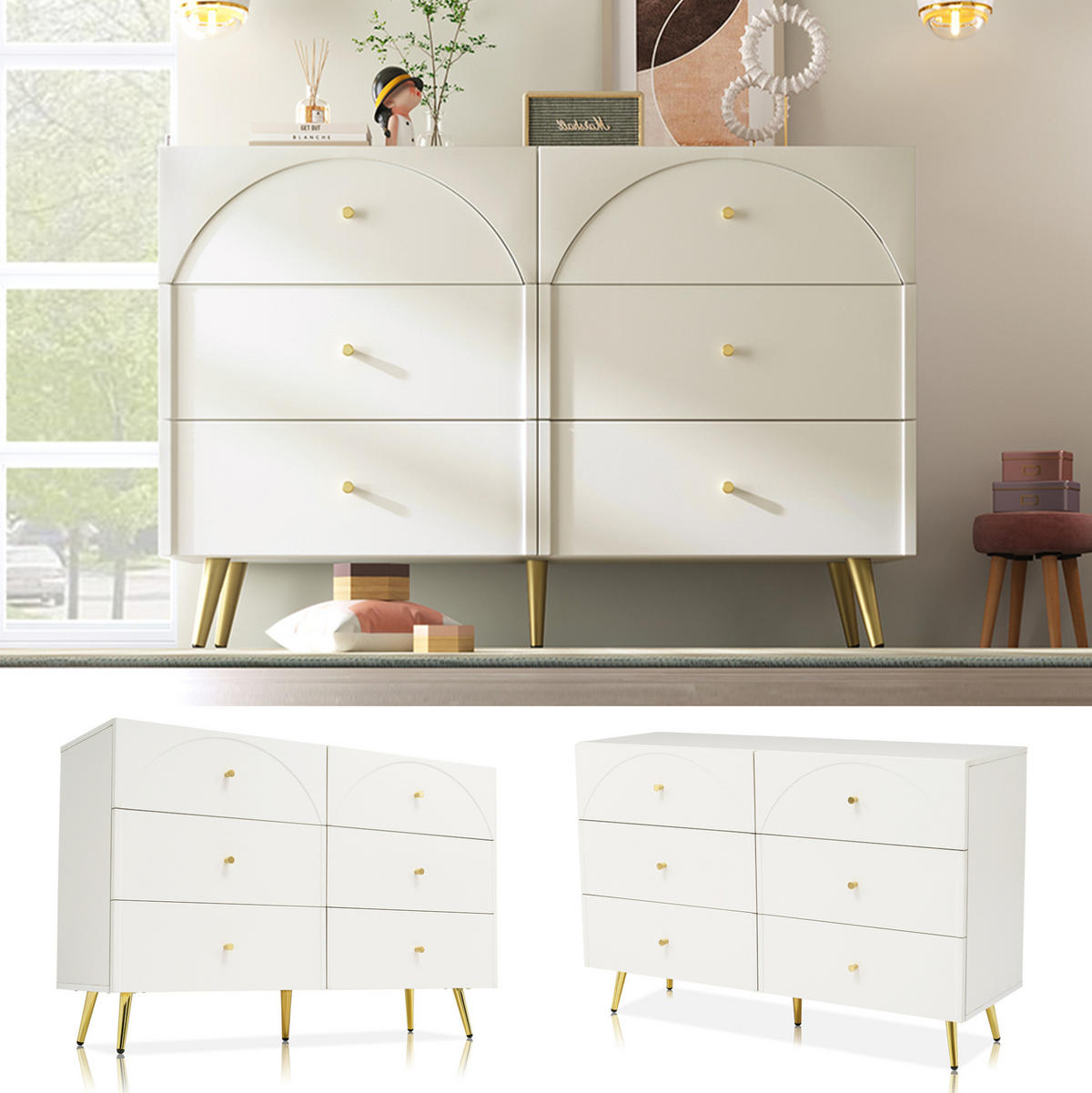 KOMMODE 120/40/85 cm aus Holzwerkstoff und Metall mit 6 Schubladen Creme-Weiß - Creme, Holz (120/40/85cm) - Modenvie