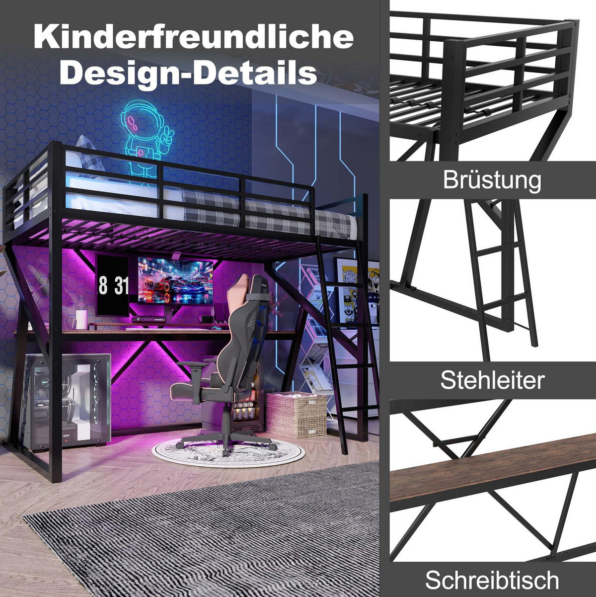HOCHBETT 90/200 cm mit LED-Leiste, Schreibtisch, Geländer und Leiter, Metall, Schwarz - Schwarz, Metall (90/200cm) - Redom