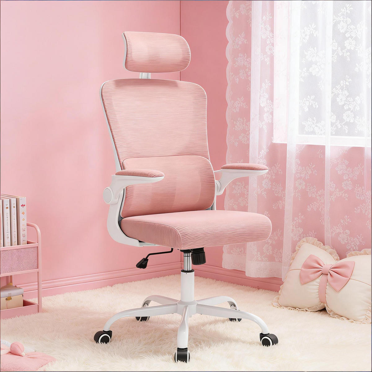 DREHSTUHL ergonomischer Bürostuhl mit hoher Rückenlehne 46-54 cm - Rosa, Leder (69.5/116/62cm) - Gisaae