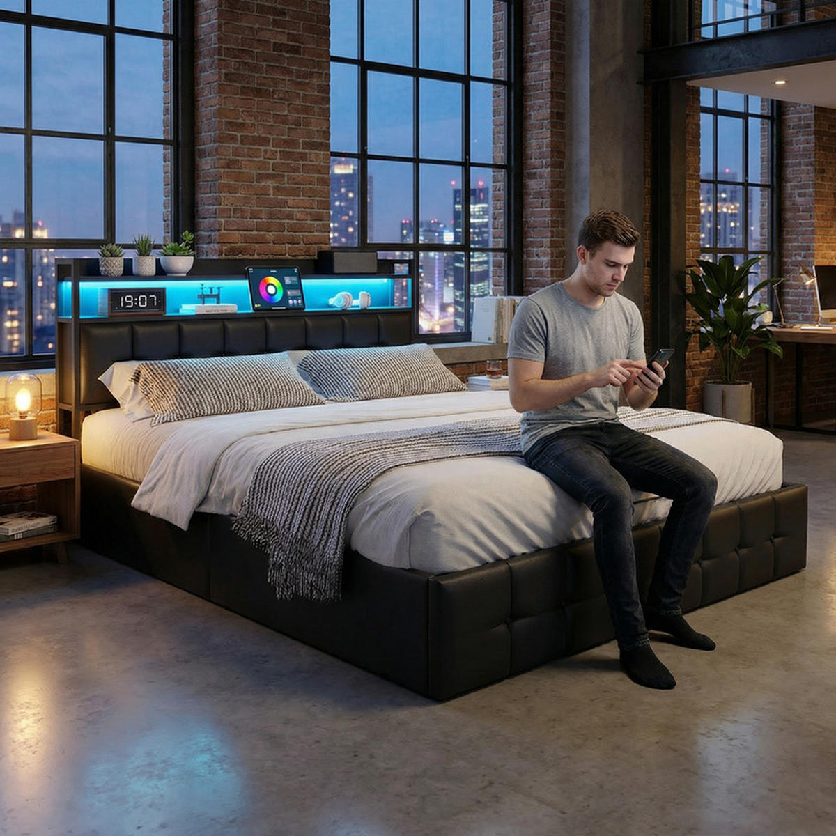 POLSTERBETT 140/190 cm schwarz mit Stauraum, LED und USB - Schwarz, Holz