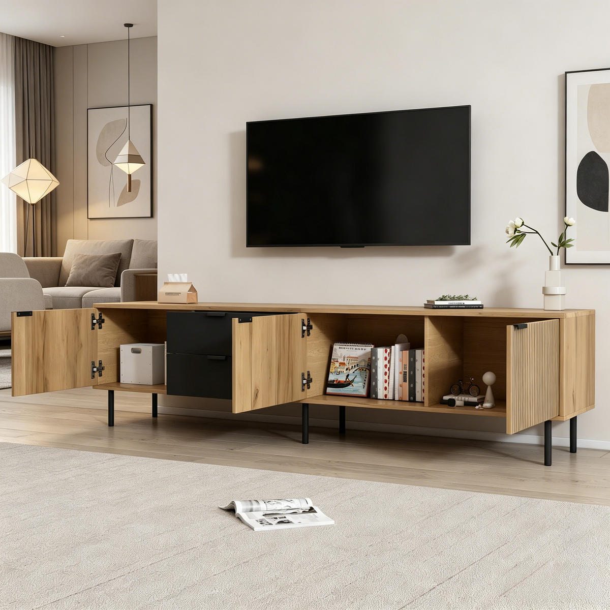 LOWBOARD in Holzoptik TV-Schrank mit Kabelmanagement , für 85-Zoll-Fernseher , B208/T40/H48 cm - Schwarz/Naturfarben, Holzwerkstoff/Metall (208/48/40cm) - STILVORA