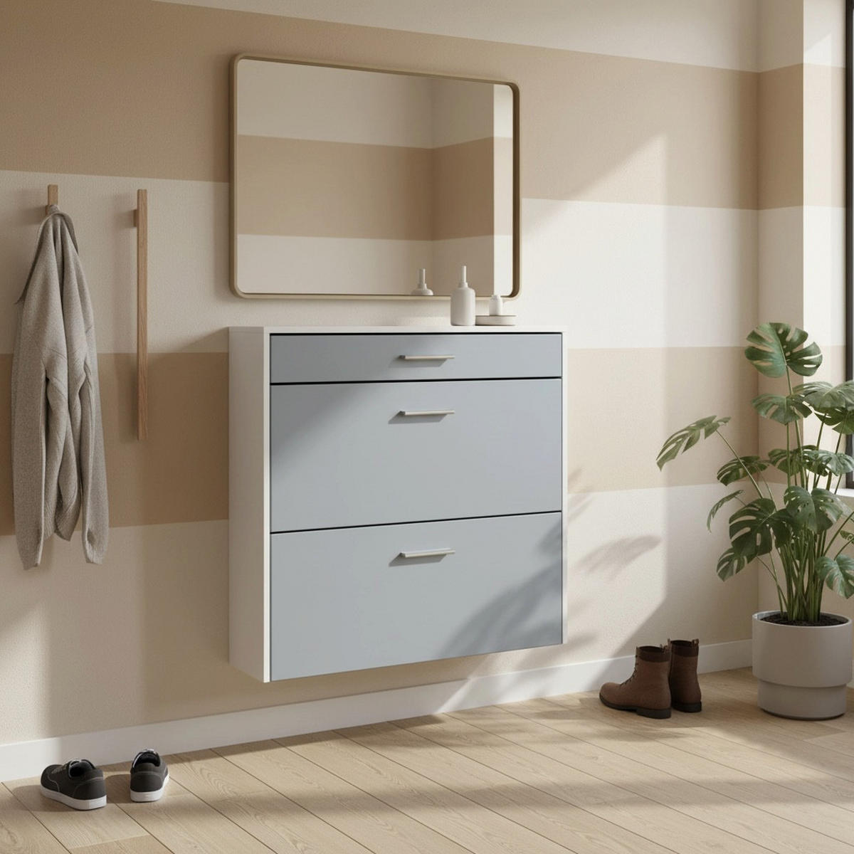 HÄNGENDER-SCHUHSCHRANK Roma Air Schmal mit 2 Klappen und 1 Schublade, Platzsparender Schuhkipper, Weiß matt/Beton Oxid Optik (89 x 87 x 23 cm) - Pastellblau, Holzwerkstoff (89/87/23cm) - InnoFurn