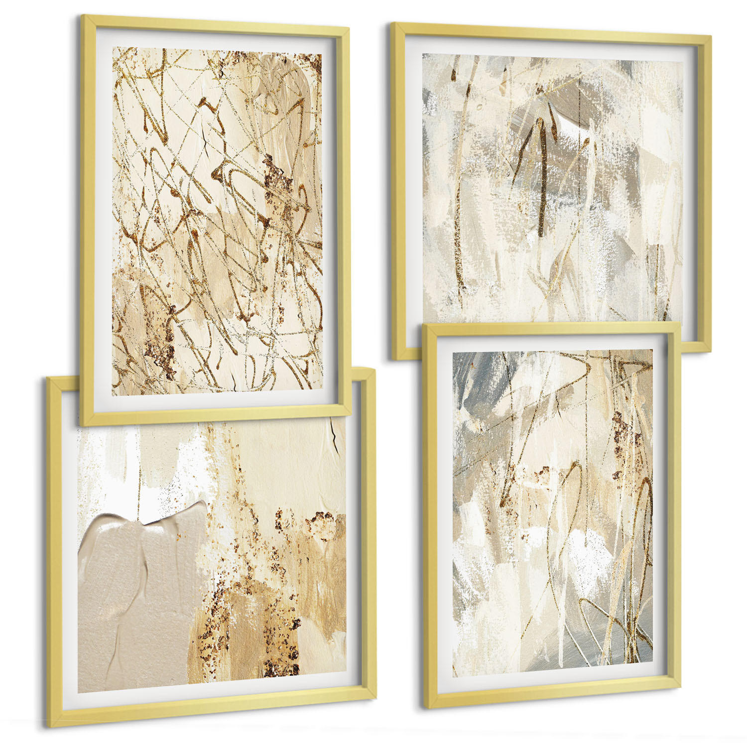 BILDER SET 4er Set - 50x50 cm & 40x60 cm Goldrahmen - Beige abstrakte Formen Linien - Goldfarben, Kunststoff (50/50cm) - TULUP
