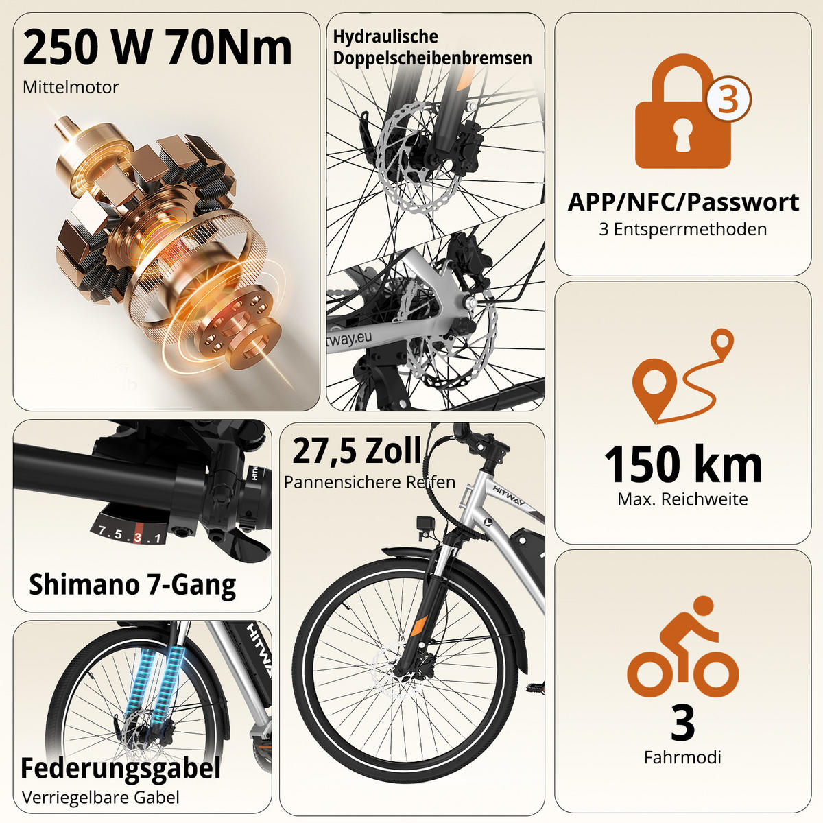 E-BIKE BKU1 Mittelmotor mit 150 km Maximalreichweite - Silberfarben, Metall (80cm) - HITWAY