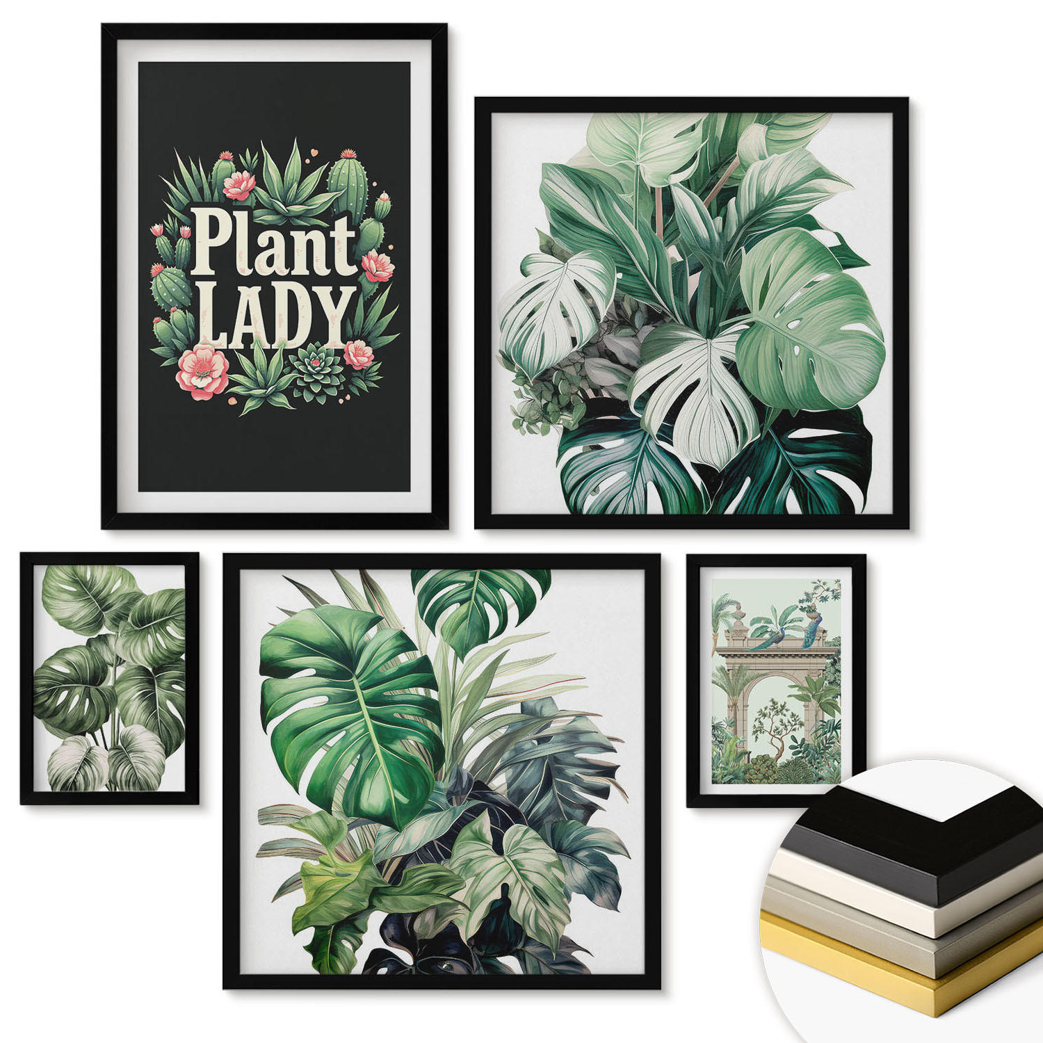 WANDBILDER 5er-Set - 50x50 cm & 20x30 cm & 40x60 cm Schwarzer Rahmen - Japanische Natur und Japandi-Stil - Schwarz, Kunststoff (40/60cm) - ArtPrintCave