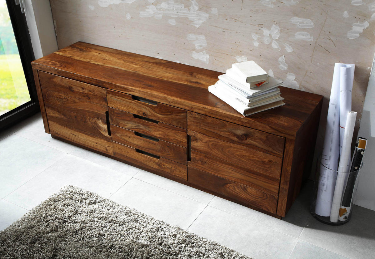 SIDEBOARD Sheesham 200x50x65 walnuss lackiert DUKE #116 - Dunkelbraun, Holz (200/65/50cm) - Massivmoebel24