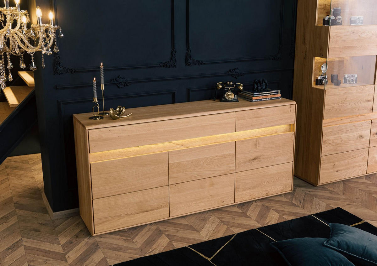 SIDEBOARD Wildeiche inkl. LED 183,5x43,5x86 natur geölt CARDIFF #130 - Braun, Holz (184/86/44cm) - Massivmoebel24